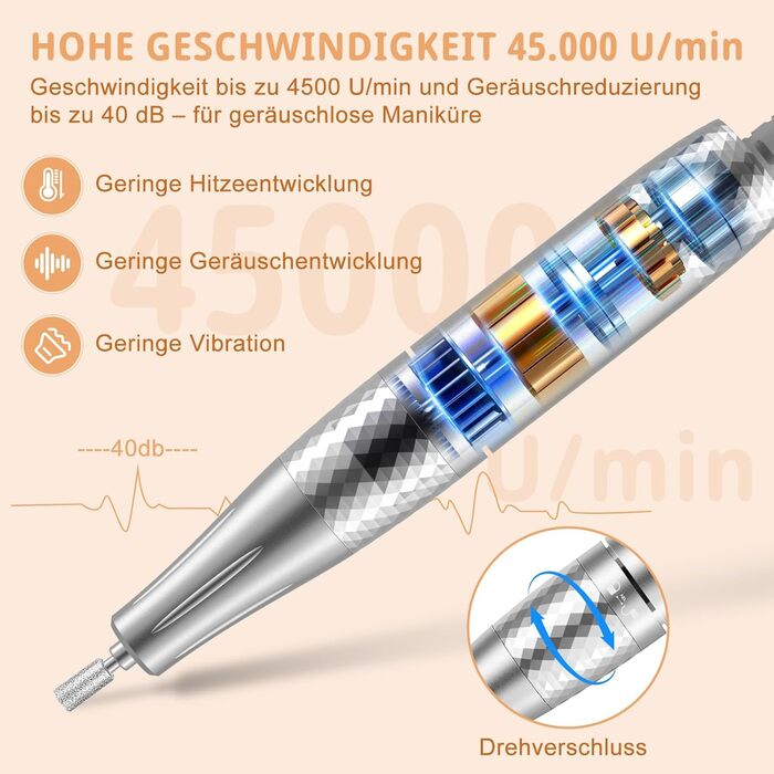 Електрична нігтьова пилка професійна 45000 об/хв з LCD-дисплеєм для гелю та акрилу, з фіксацією біт, набір для манікюру та педикюру, білий