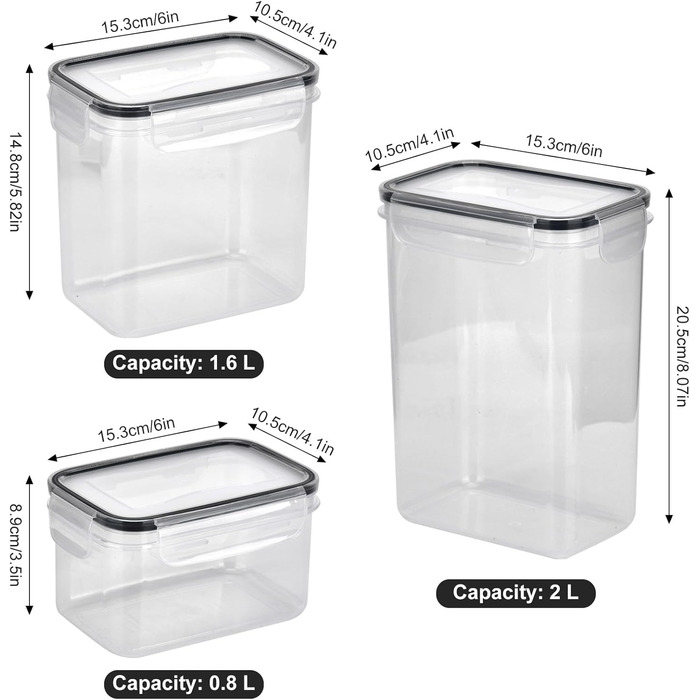 Набір контейнерів для зберігання продуктів 12 шт. з герметичними кришками, BPA-free, PP, з замком, 32 етикетки та маркер (Чорний) (4 x 0.8л / 4 x 1.6л / 4 x 2л)