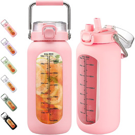 BLUEGO 2000ml Glass Water Bottle with Stainless Steel Handle and Time Marker 2L Motivation Glass Dryer with Silicone Sleeve and Straw for Gym, Office, Outdoors, Sports Water Bottles BPA-free, (Pink)