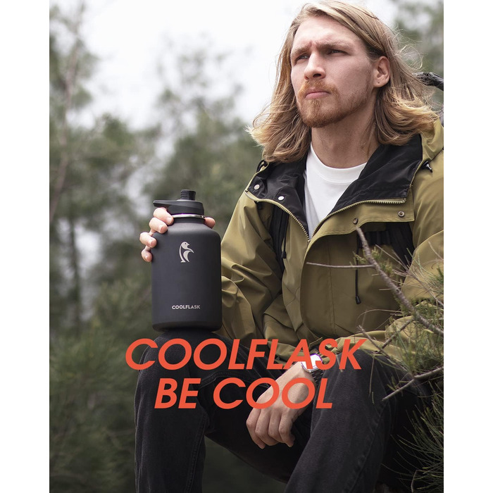 Coolflask 2L Stainless Steel Water Bottle with PU Leather Sleeve, Half Gallon Insulated Water Bottles with Straw Lid, Stainless Steel Metal Large Water Jug, Keeps Cold for 48h Hot for 24h, Polar Black