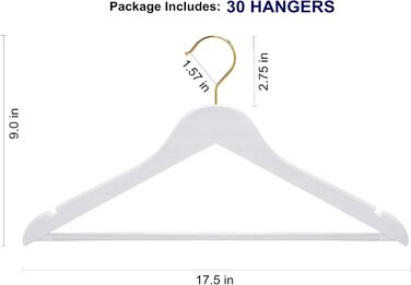 Дерев'яні вішалки для одягу Amber Home з масиву, 30 шт., гладке покриття, з неслизькою перекладиною для штанів, обертовий 360° гачок та виступи для сорочок та жакетів