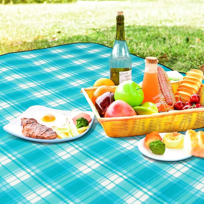Килимок для пікніка SOMLAW водовідштовхувальний, великий, 200x200 см, для 4-6 осіб, з ручкою, ідеальний для кемпінгу та пляжу (Himmelblau Kariert)
