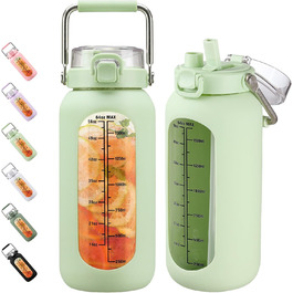 BLUEGO 2000ml Glass Water Bottle with Stainless Steel Handle and Time Marker 2L Motivation Glass Dryer with Silicone Case and Straw for Gym, Office, Outdoors, Sports Water Bottles BPA-free, (Light Green)