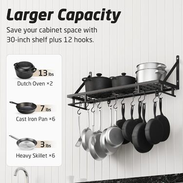 Kitchen Utensil Holder, Pan Holder, Kitchen Shelf, Kitchen with 12 Hooks, Hanging Shelf, Spice, Pan Shelf, Wall Shelf, Kitchen Rail, 75CM Wall Mount, Matte Black, KUR215S75A-BK