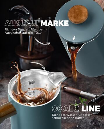Poliviar French Press Coffee Maker 600 ml/21oz, Double-Walled Insulated Coffee Pot and Teapot, Manual Filter Coffee Press with Plunger & Wooden Handle, JX2024-SFPLN-DE 600ml Green - Cracked