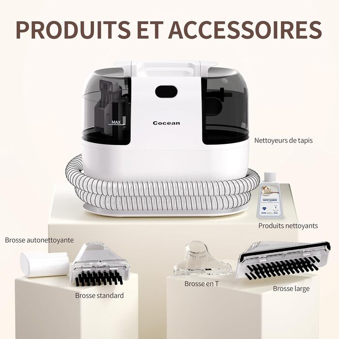 COCEAN Вакуумний пилосос для килимів та м'яких меблів | Комбінований килимовий та м'який пилосос | Мокрий/сухий пилосос з потужним всмоктуванням | Ідеально підходить для дивану та авто, колір Milky White
