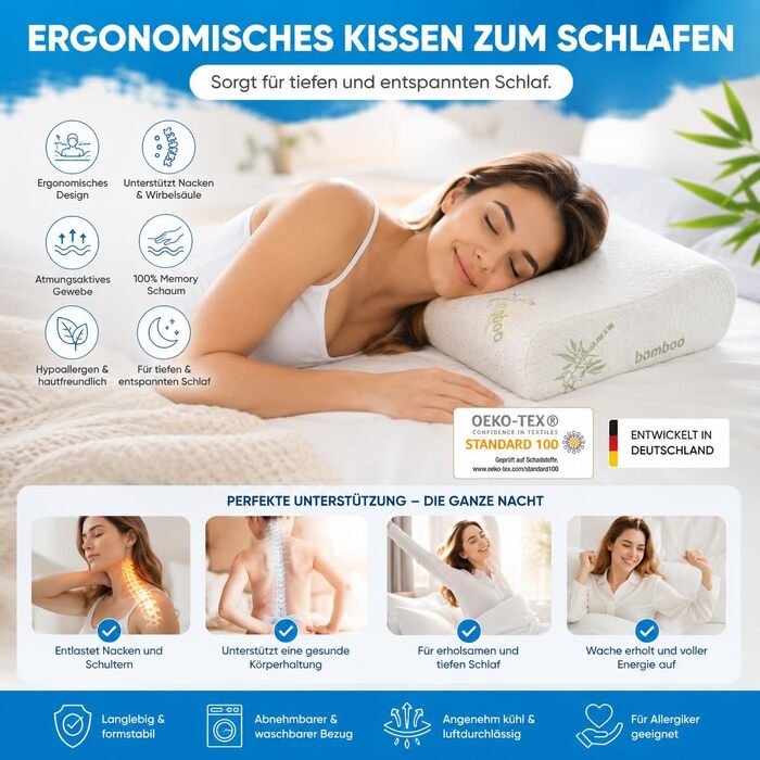 Ортопедична подушка з ефектом пам'яті (Memory Foam) з бамбуковим чохлом, ергономічна підтримка шиї для будь-якої пози сну, біла, 60x40x12/10 см