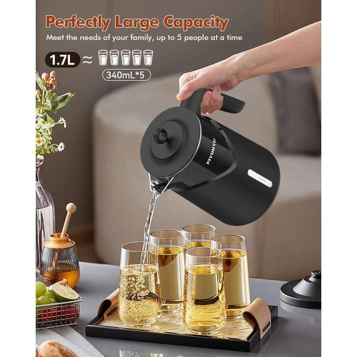 Електричний чайник з нержавіючої сталі 2200W з швидким нагріванням, автоматичним вимкненням, захистом від сухого кипіння, 1.7L, без BPA, без контакту з пластиком, тихий, чорний