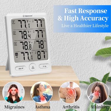 Geevon Indoor/Outdoor Thermometer with 3 Sensors, Thermometer Hygrometer Humidity Digital, Temperature and Humidity Meter with 60M/200FT Range