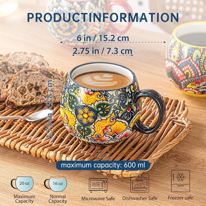 Набір чашок з порцеляни, керамічні чашки капучино/кружки - 600 мл, посуд для 6 осіб, набір чашок для кави - богемний стиль