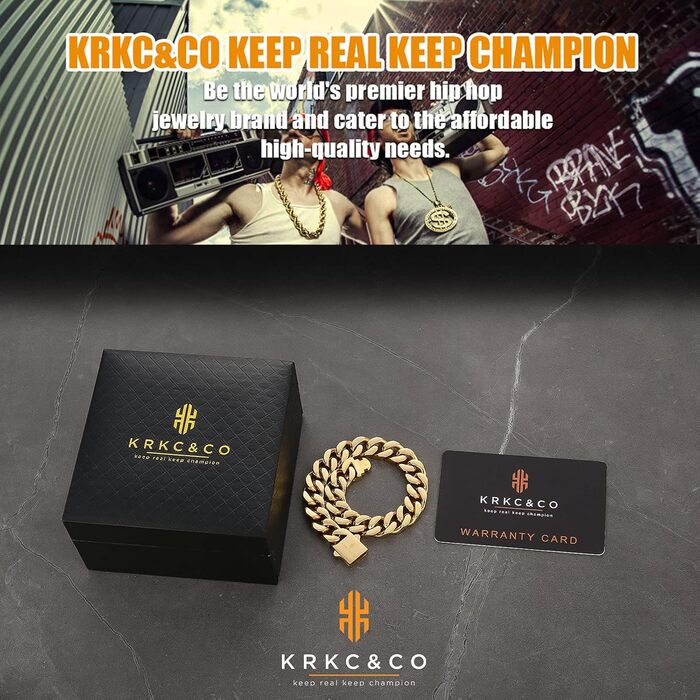 Чоловічий браслет KRKC&CO, кубинське плетиво, 18 мм, Miami Iced Out, кубинське панцерне з'єднання, 18-каратне золото, міцний, Urban Streetwear, браслет у стилі хіп-хоп для чоловіків (Golden-12mm, 19.0 см)