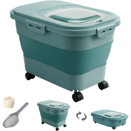 Контейнер для зберігання рису, складний, на колесах, з герметичним кришкою, мірний стакан та лопатка, для продуктів, рису, кормів для тварин, борошна, темно-зелений, 9-13,6 кг