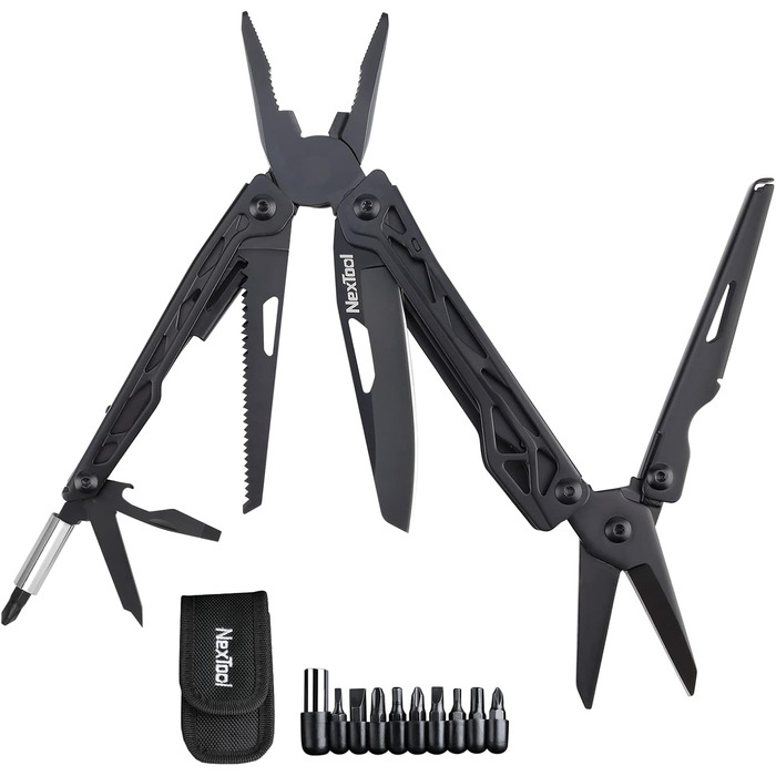 NexTool Multitool, 11-in-1 Multitool, Folding Stainless Steel, Multifunctional Tool with Knife, Scissors, Bottle Opener, and Wood Saw, 9 Screwdriver Bits, Nylon Pouch for Gifts for Men