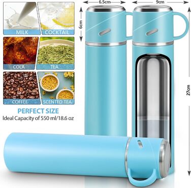 Термос IAGORYUE з нержавіючої сталі, 0,55л, ізольована пляшка з кришкою без витоку та ручкою, подвійні стінки, зберігає тепло та холод до 12 годин - для спорту, офісу, активного відпочинку (блакитний)