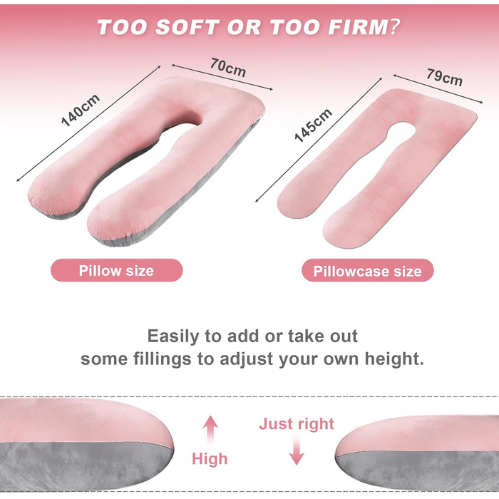 Подушка для вагітних Aevcvok U-подібної форми, подушка для годування, підтримуюча подушка, 140x70 см (Рожевий & Сірий, велюр)