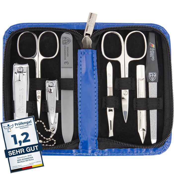 Набір для манікюру 'Roma' від DREI SCHWERTER: 8 інструментів (ножиці, щипчики, пінцет, пилочки) - блакитний