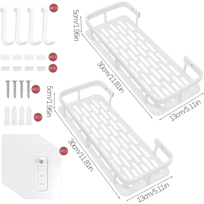 Дзеркальна поличка для душу без свердління, 2 шт. Біла, з нержавіючої сталі, з 4 гачками та 8 клейких поверхонь. Підходить для ванної кімнати та кухні.