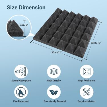 Акустичні пірамідні панелі Ohuhu для звукоізоляції, шумопоглинаючий поролон 30x30x5 см, 24 шт. (для студії, подкастів, YouTube)