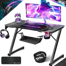 Ігровий стіл KESSER Gaming 120x60 см, Z-подібний ергономічний комп'ютерний стіл з карбоновим покриттям, підставкою для напоїв та гачком для навушників, чорний
