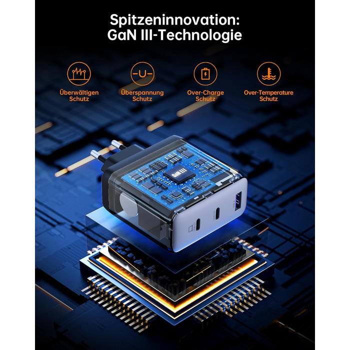 Зарядний пристрій USB-C 67W NOVOO GaN III 3-порти, швидка зарядка для MacBook, iPad, Pixel, Samsung, iPhone, Steam Deck (Чорний)