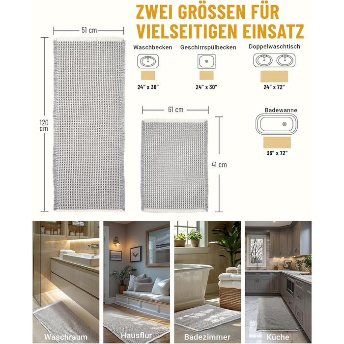 Boho Bathroom Rug Set - Non-Slip Bath Mats (2-Piece) - Washable Shower Rugs for Bathroom, Bedroom, Living Room - 51x120cm + 41x61cm (Gray & White)