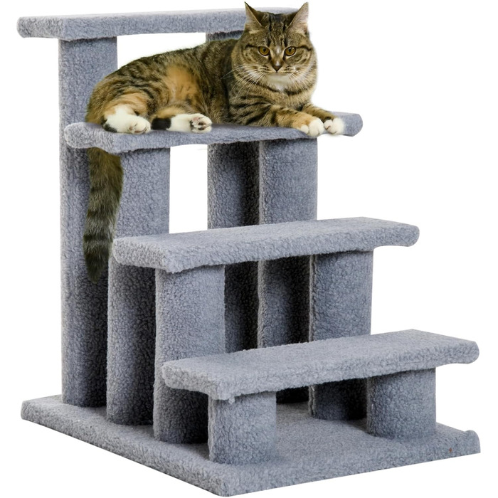 PawHut Pet Stairs Cat Stairs Dog Stairs Stairs for Cats and Dogs 4 Steps Gray 63.5x43x60cm