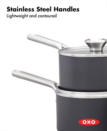 Набір кухонного посуду OXO Professionelles 5-piece з керамічним покриттям, індукційний, з нержавіючої сталі, без PFAS, діамантова обробка, для посудомийної машини (2.3QT та 1.7QT каструлі з кришками)