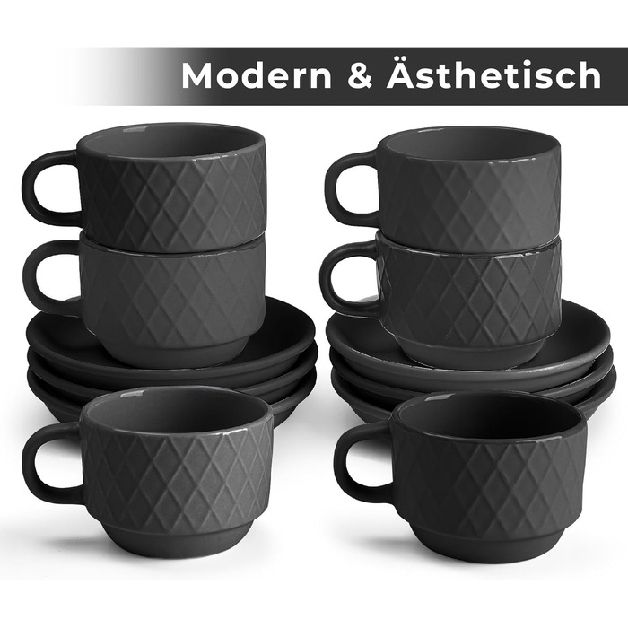 MIAMI – 6 x 75 ml Espresso Cups/Espresso Cup Set with Stand Stoneware Ceramic - Palmanova Collection (Black)