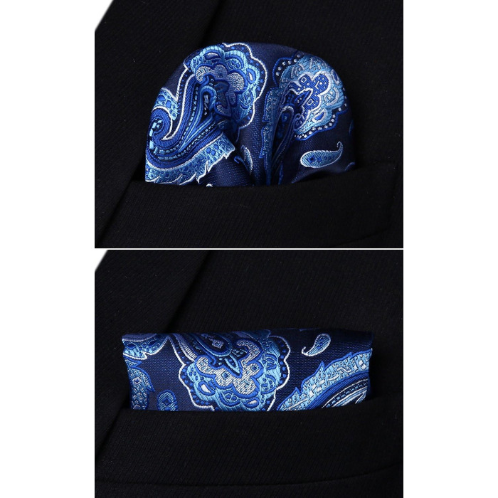 Краватка чоловіча HISDERN 160 см, з кишеньковим хустинкою, для весілля та бізнесу, шовкова, елегантна, синій візерунок Paisley