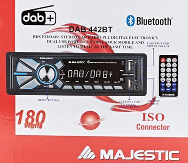 Автомагнітола Majestic DAB-442 BT з Bluetooth, DAB+ радіо, RDS, Dual-USB, SD/AUX, 180Вт (45Вт x 4), чорна