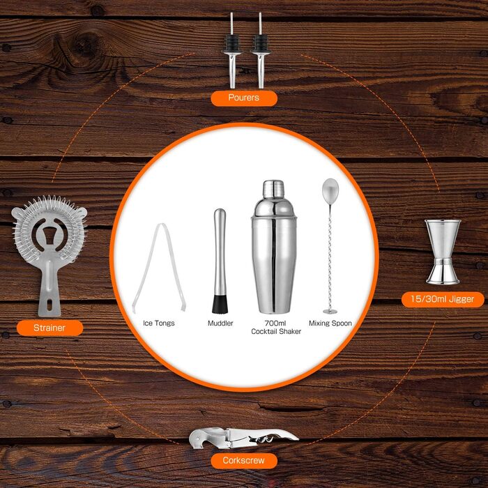 High-quality cocktail shaker set, cocktail mixing set, 10-piece, made of stainless steel, with bamboo storage, including cocktail shaker, jigger, strainer, muddler, bar spoon, ice tongs, bottle opener, and measuring tool.