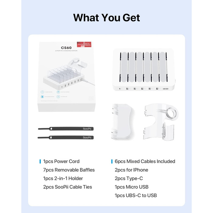 Зарядна станція SooPii USB 60W/12A, 6 портів з PD 20W для iPhone/Samsung, тримач для Apple Watch, 6 кабелів у комплекті - біла