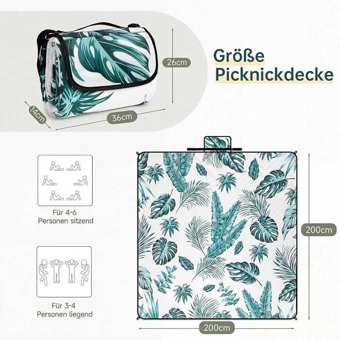 Плед для пікніка HAUSPROFI 200x300 см, водонепроникний, ізольований, XXL. Для пікніка, пляжу, кемпінгу. Бавовняна підкладка, ручка для перенесення, кілочки. Зручний, миючий, тримає форму. Зелений рослинний принт.