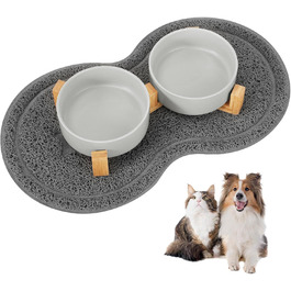 Миска для собак з кераміки, 400 мл, подвійна миска для корму, піднята миска для собак з бамбуковим підставкою та нековзним килимком для маленьких та середніх собак (сіра)
