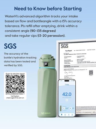 Розумна пляшка для води WATERH Boost з нагадуванням та трекером, 946 мл, нержавіюча сталь, зелена