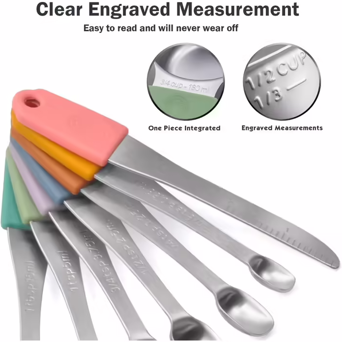 EDELIN Magnetic Measuring Cup and Spoon Set, Stainless Steel, 7 Cups and 6 Spoons with 1 Leveler, 18/8 304 Stainless Steel (Multicolor, 14 Sets)