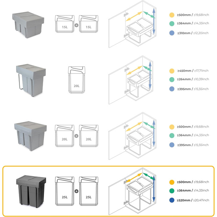 Відро для сміття на кухню Emuca з нижнім кріпленням, 2 висувні контейнери по 20 л, загальний об'єм 40 л (2 x 20 л), сталь та пластик, сірий (антрацитовий сірий).