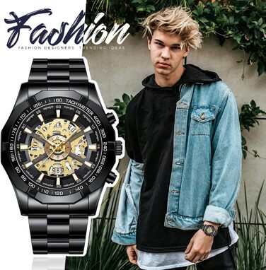 Чоловічий годинник з датою, світяться, 3ATM, водонепроникний, аналоговий кварц, з календарем, тахіметром, з нержавіючої сталі, чорний/золотий