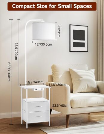 Стійка лампа для вітальні з поличкою та столиком, диммування LED, пульт керування, 3 колірні температури, приліжний столик з підзарядкою, дерев'яний столик для спальні/офісу (білий з шухлядами)