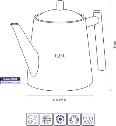 Kela Teapot with infuser, stainless steel teapot ANCONA, teapot for loose leaf tea and tea bags, tea maker, silver (0.9 L)