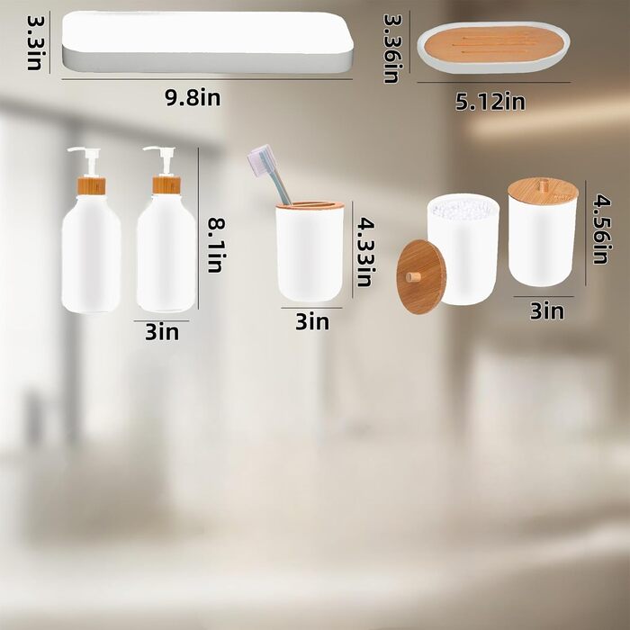 Набір аксесуарів для ванної кімнати, 7 предметів, бамбук, білий дозатор для мила та тримач для зубних щіток, контейнер для ватних паличок, сеанс макіяжу, мильниця, сучасна декор для ванної кімнати, білий/розкішний сад