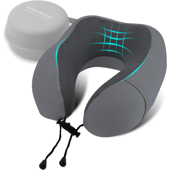 Подушка для шиї HydroAurum, подушка для подорожей, подушка для шиї з піною з пам'яті для літака, ергономічна підтримка шиї, 360° комфорт для літака, авто та поїзда, портативна U-подібна подушка з пральною наволочкою та темно-сірий колір, піна з пам'яті