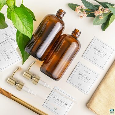 Vine Creations, 2-Pack Soap Dispenser Set for Kitchen with Stainless Steel Pump, Amber Glass, 475ml, Hand Soap Dispenser for Bathroom, Dish Soap Dispenser for Kitchen with Waterproof Labels