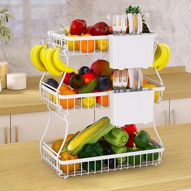 Баскет для фруктів та овочів на 3 ярусах, полиця на кухонну стільницю, легка установка, знімна, ідеальна для фруктів та овочів (білий)