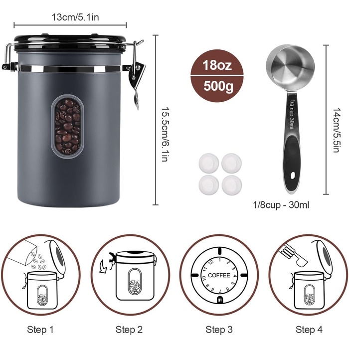 Контейнер для кави ROCKY&CHAO з нержавіючої сталі 1.8L, 600г, з прозорим вікном, для кавових зерен, чаю, горіхів, какао. Зберігає свіжість довше (1.5L-Сірий)