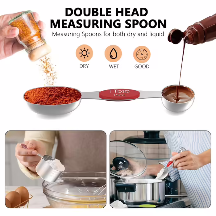 Measuring cups and magnetic measuring spoons, 5 stainless steel measuring cups with easy-to-read markings, 7 double-sided, stackable magnetic measuring spoons, and 1 leveler, multicolored