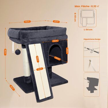 Дряпальня для котів великих порід, кімнатна, 60 см, сіра, з платформою, сизаль, пандус, будиночок, м'ячі, щітка