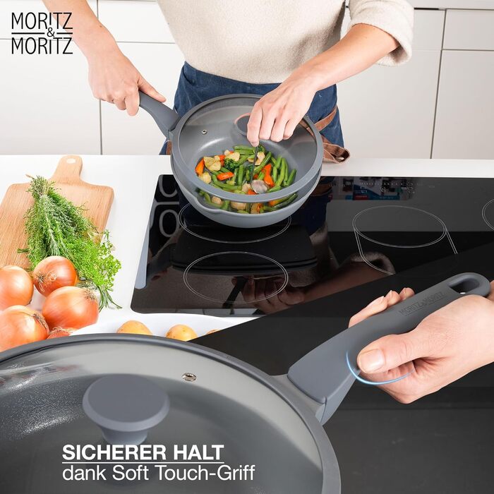 Сковорода Moritz & Moritz 26 см з кришкою, антипригарне покриття, Soft-Touch ручка, для смаження, тушкування, варіння на пару, підходить для всіх типів плит (сіра)