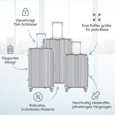 Набір валіз Voyagoux 3 в 1: 39L, 71L, 113L, з жорстким корпусом, TSA-замком, ABS, 4 колеса 360°, сріблясті, міцні та легкі