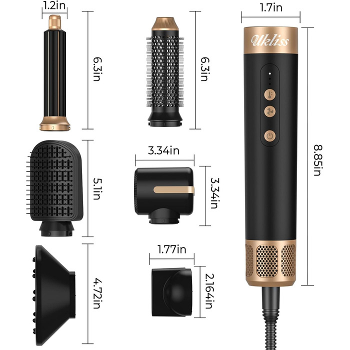 UKLISS Airstyler Multistyler 7 в 1: фен-щітка, локон, випрямляч, турбіна, 1400W, турбіна, 3 режими температури, 30 мм, турбіс